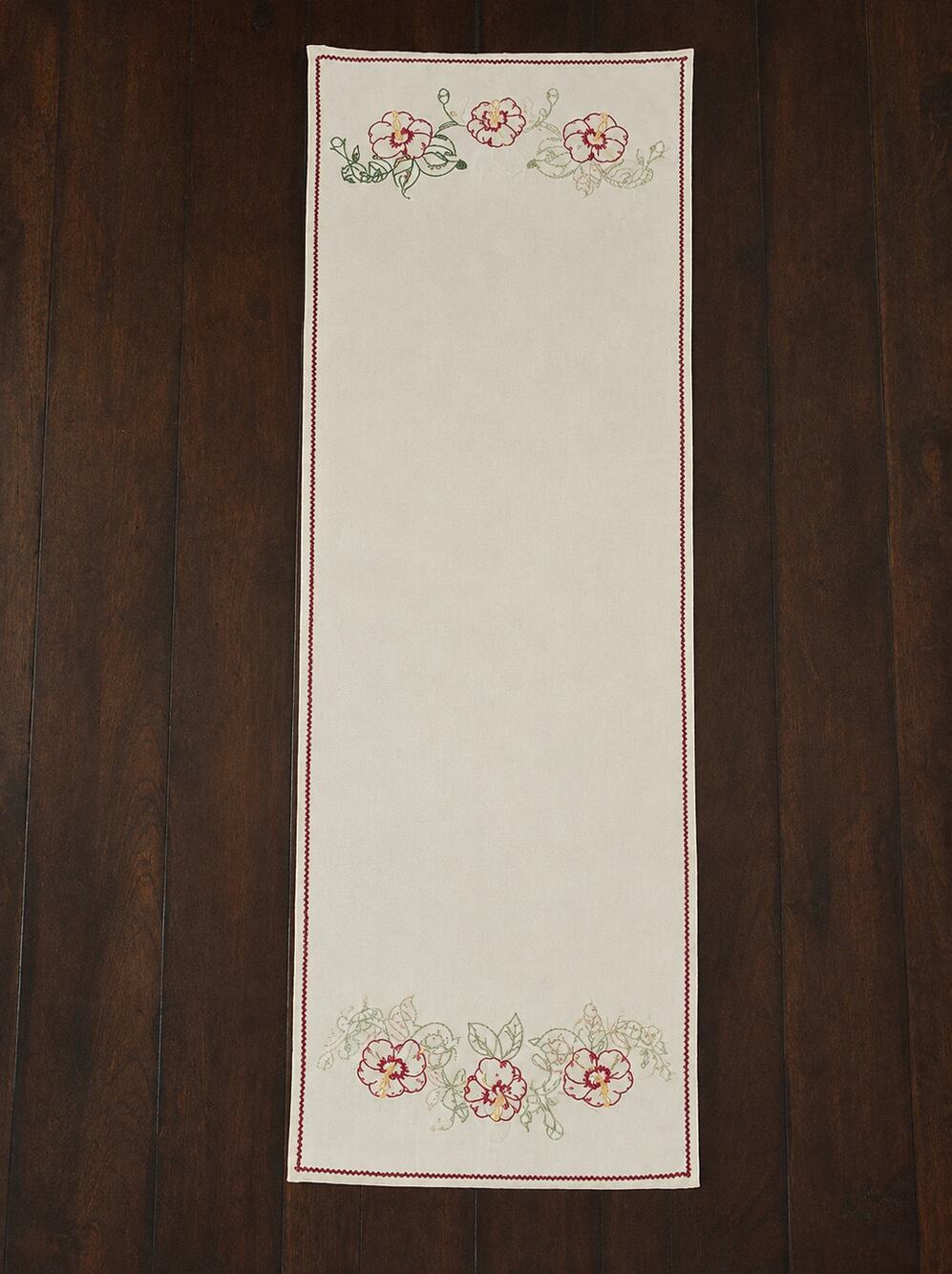Vintage Embroidered Floral Table Runner White Red Flowers 47 x 17